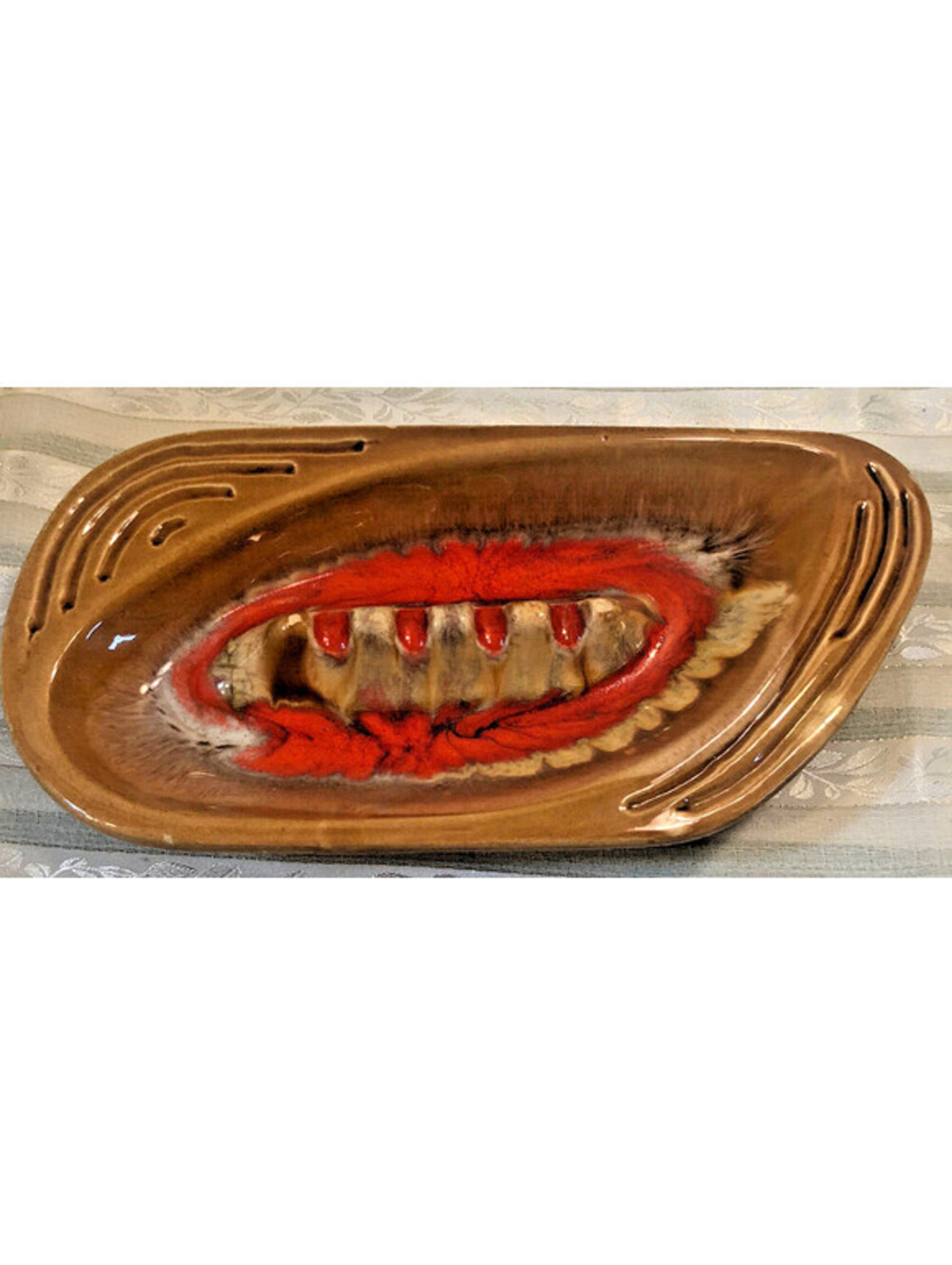 Vtg LARGE MCM California Maurice Of Calif Pottery Ashtray Brown Red Glaze Retro